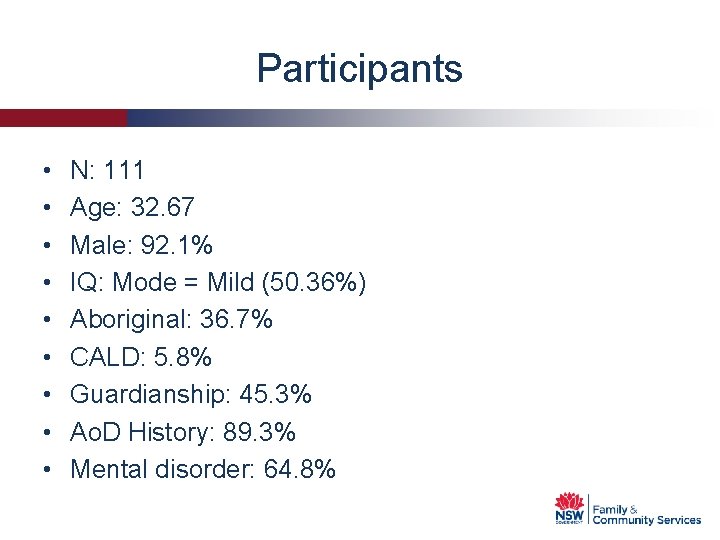 Participants • • • N: 111 Age: 32. 67 Male: 92. 1% IQ: Mode