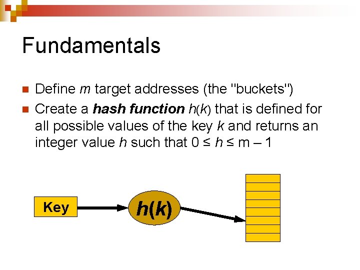 Fundamentals n n Define m target addresses (the "buckets") Create a hash function h(k)