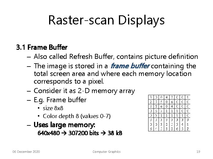 Raster-scan Displays 3. 1 Frame Buffer – Also called Refresh Buffer, contains picture definition