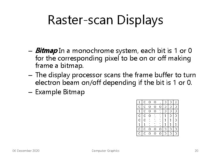 Raster-scan Displays – Bitmap In a monochrome system, each bit is 1 or 0