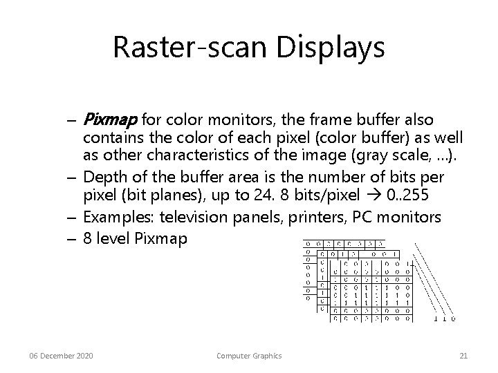 Raster-scan Displays – Pixmap for color monitors, the frame buffer also contains the color