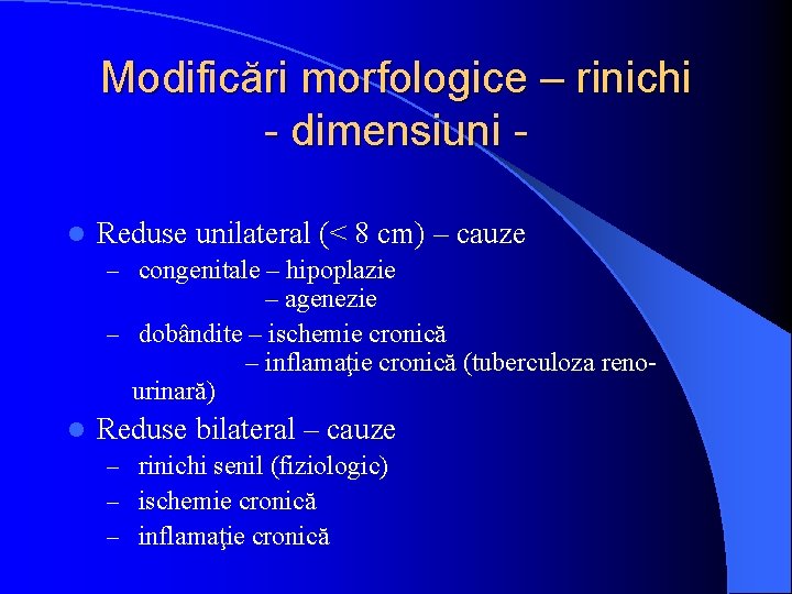 Modificări morfologice – rinichi - dimensiuni l Reduse unilateral (< 8 cm) – cauze