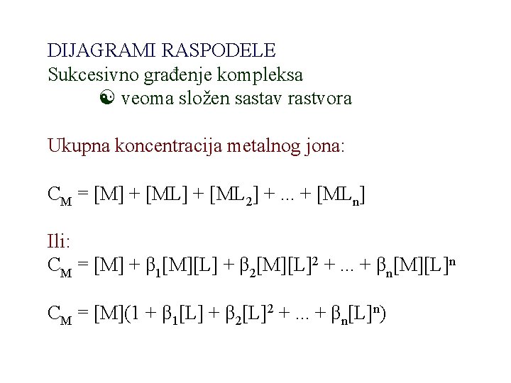 DIJAGRAMI RASPODELE Sukcesivno građenje kompleksa veoma složen sastav rastvora Ukupna koncentracija metalnog jona: CM DIJAGRAMI RASPODELE Sukcesivno građenje kompleksa veoma složen sastav rastvora Ukupna koncentracija metalnog jona: CM