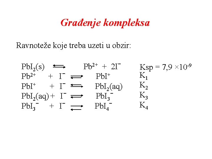 Građenje kompleksa Ravnoteže koje treba uzeti u obzir: Pb. I 2(s) Pb 2+ + Građenje kompleksa Ravnoteže koje treba uzeti u obzir: Pb. I 2(s) Pb 2+ +
