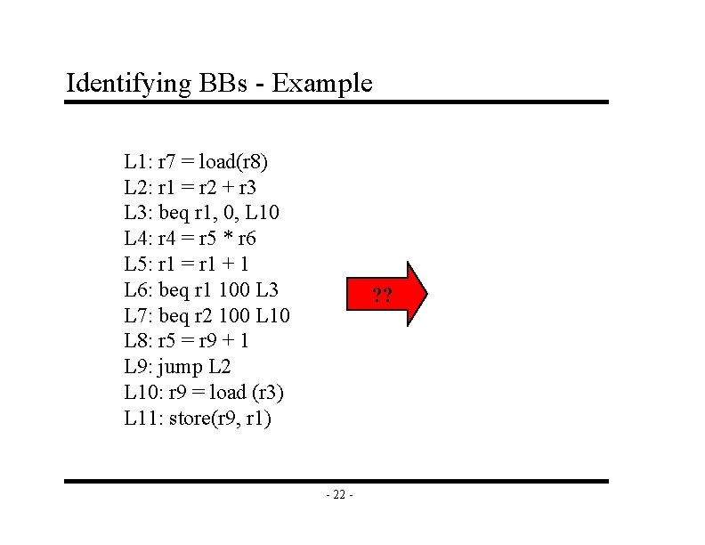 Identifying BBs - Example L 1: r 7 = load(r 8) L 2: r