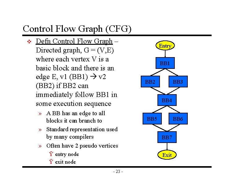 Control Flow Graph (CFG) v Defn Control Flow Graph – Directed graph, G =