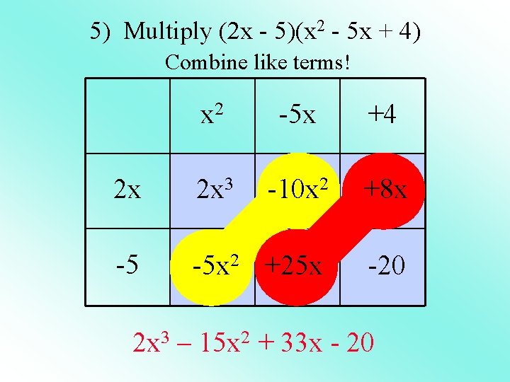 5) Multiply (2 x - 5)(x 2 - 5 x + 4) Combine like 5) Multiply (2 x - 5)(x 2 - 5 x + 4) Combine like