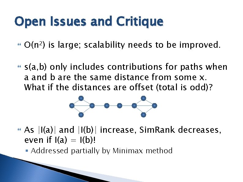 Open Issues and Critique O(n 2) is large; scalability needs to be improved. s(a, Open Issues and Critique O(n 2) is large; scalability needs to be improved. s(a,