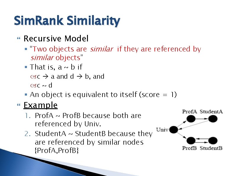 Sim. Rank Similarity Recursive Model § “Two objects are similar if they are referenced