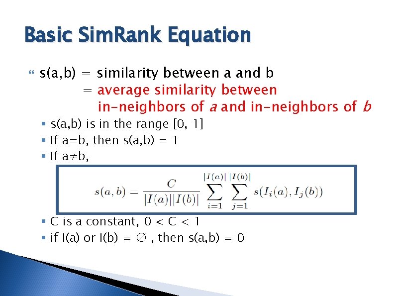 Basic Sim. Rank Equation s(a, b) = similarity between a and b = average