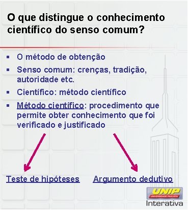 O que distingue o conhecimento científico do senso comum? § O método de obtenção O que distingue o conhecimento científico do senso comum? § O método de obtenção