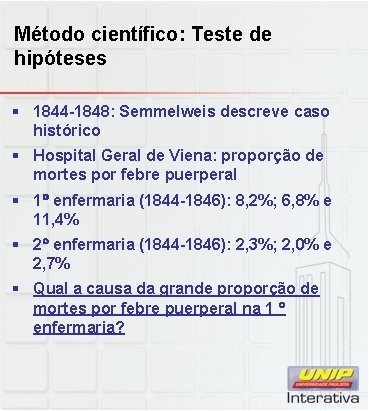 Método científico: Teste de hipóteses § 1844 -1848: Semmelweis descreve caso histórico § Hospital Método científico: Teste de hipóteses § 1844 -1848: Semmelweis descreve caso histórico § Hospital