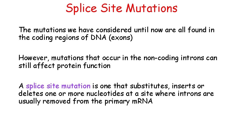 Splice Site Mutations The mutations we have considered until now are all found in