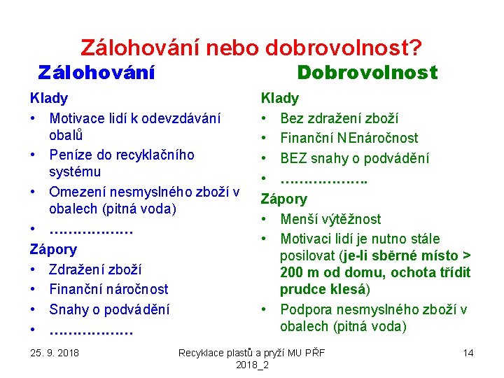 Zálohování nebo dobrovolnost? Zálohování Dobrovolnost Klady • Motivace lidí k odevzdávání obalů • Peníze