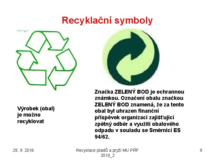 Recyklační symboly Výrobek (obal) je možno recyklovat 25. 9. 2018 Značka ZELENÝ BOD je