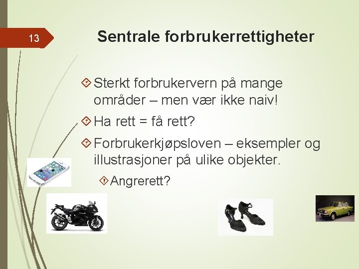 13 Sentrale forbrukerrettigheter Sterkt forbrukervern på mange områder – men vær ikke naiv! Ha