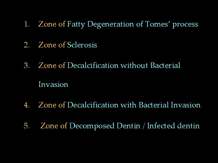 1. Zone of Fatty Degeneration of Tomes’ process 2. Zone of Sclerosis 3. Zone