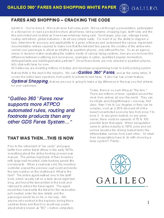 GALILEO 360° FARES AND SHOPPING WHITE PAPER FARES AND SHOPPING CRACKING THEPAPER CODE GALILEO