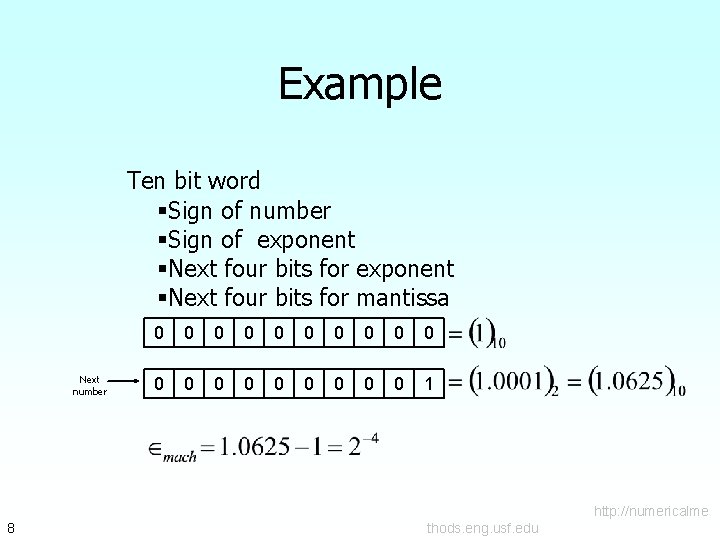 Example Ten bit word §Sign of number §Sign of exponent §Next four bits for