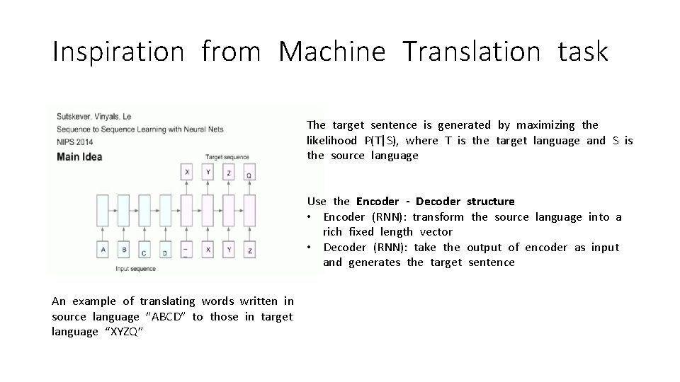 Inspiration from Machine Translation task The target sentence is generated by maximizing the likelihood