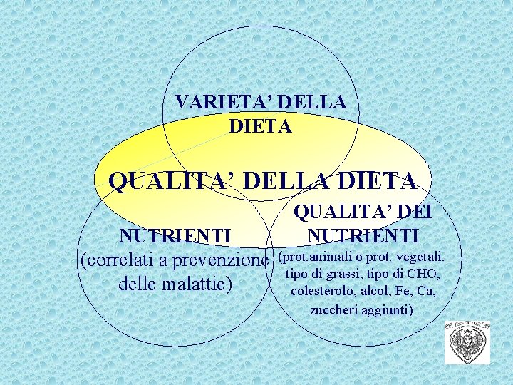 VARIETA’ DELLA DIETA QUALITA’ DELLA DIETA NUTRIENTI (correlati a prevenzione delle malattie) QUALITA’ DEI