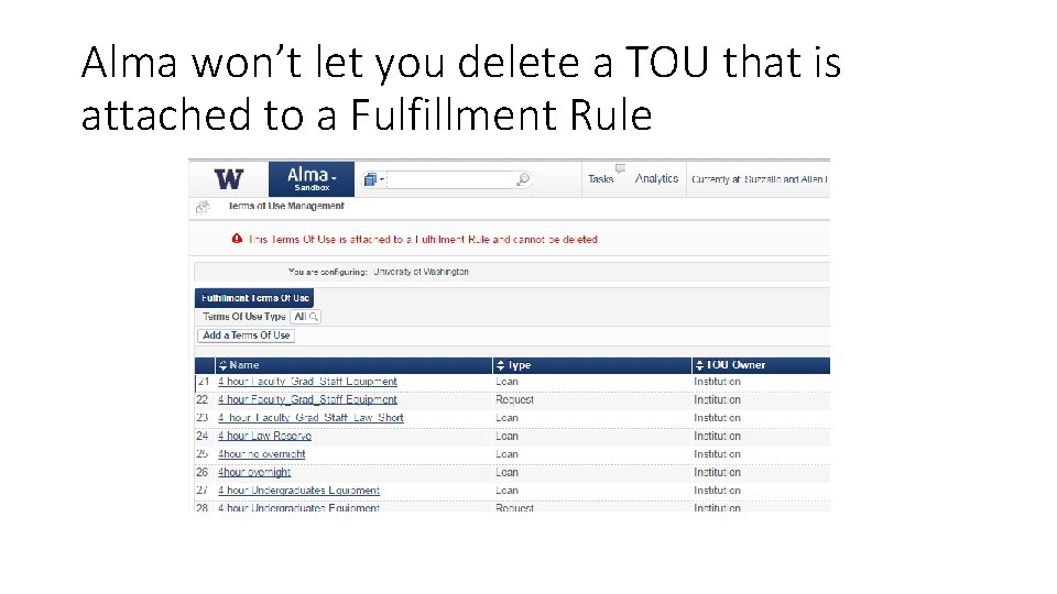 Alma won’t let you delete a TOU that is attached to a Fulfillment Rule