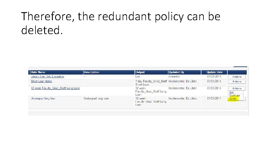 Therefore, the redundant policy can be deleted. 