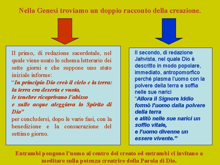 Nella Genesi troviamo un doppio racconto della creazione. Il primo, di redazione sacerdotale, nel