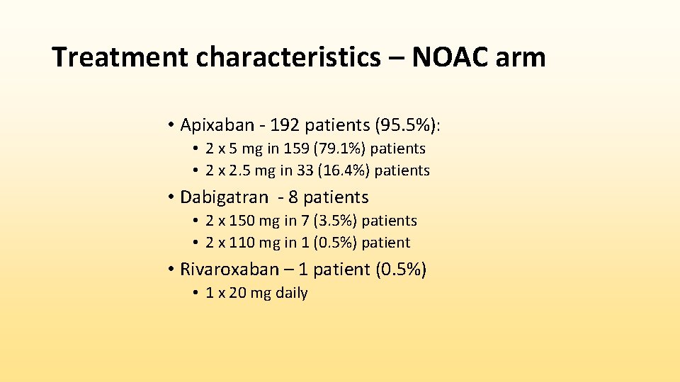 Treatment characteristics – NOAC arm • Apixaban - 192 patients (95. 5%): • 2