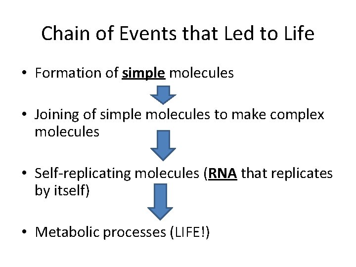 Chain of Events that Led to Life • Formation of simple molecules • Joining Chain of Events that Led to Life • Formation of simple molecules • Joining