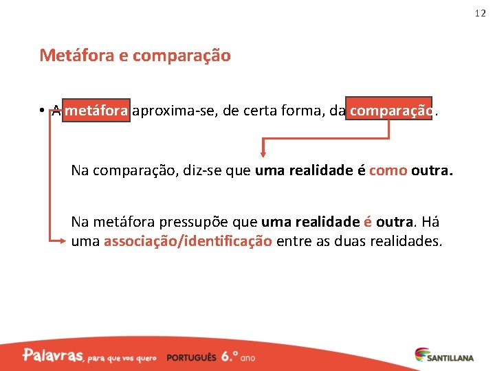 12 Metáfora e comparação • A metáfora aproxima-se, de certa forma, da comparação. Na