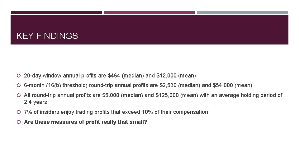 KEY FINDINGS 20 -day window annual profits are $464 (median) and $12, 000 (mean)