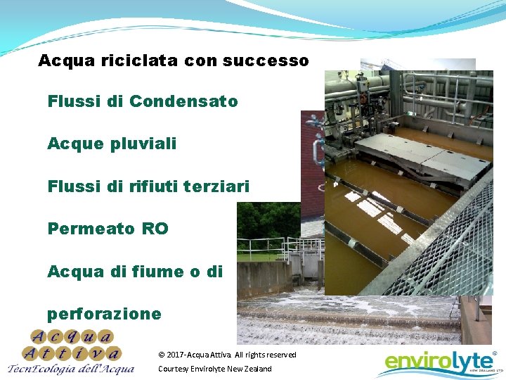 Acqua riciclata con successo Flussi di Condensato Acque pluviali Flussi di rifiuti terziari Permeato