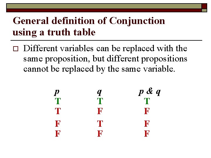 General definition of Conjunction using a truth table o Different variables can be replaced General definition of Conjunction using a truth table o Different variables can be replaced