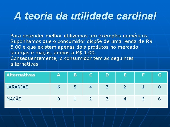 A teoria da utilidade cardinal Para entender melhor utilizemos um exemplos numéricos. Suponhamos que A teoria da utilidade cardinal Para entender melhor utilizemos um exemplos numéricos. Suponhamos que