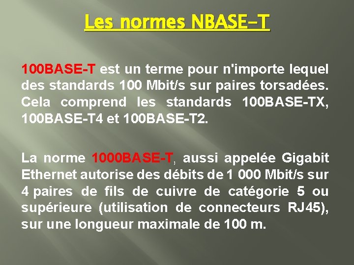 Les normes NBASE-T 100 BASE-T est un terme pour n'importe lequel des standards 100