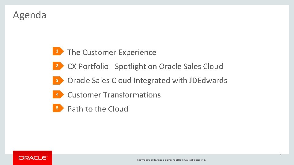 Agenda 1 The Customer Experience 2 CX Portfolio: Spotlight on Oracle Sales Cloud 3 Agenda 1 The Customer Experience 2 CX Portfolio: Spotlight on Oracle Sales Cloud 3