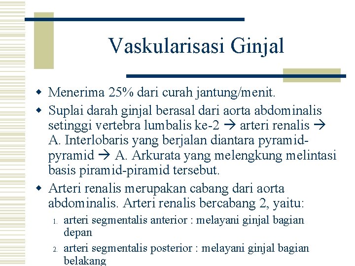 Vaskularisasi Ginjal w Menerima 25% dari curah jantung/menit. w Suplai darah ginjal berasal dari