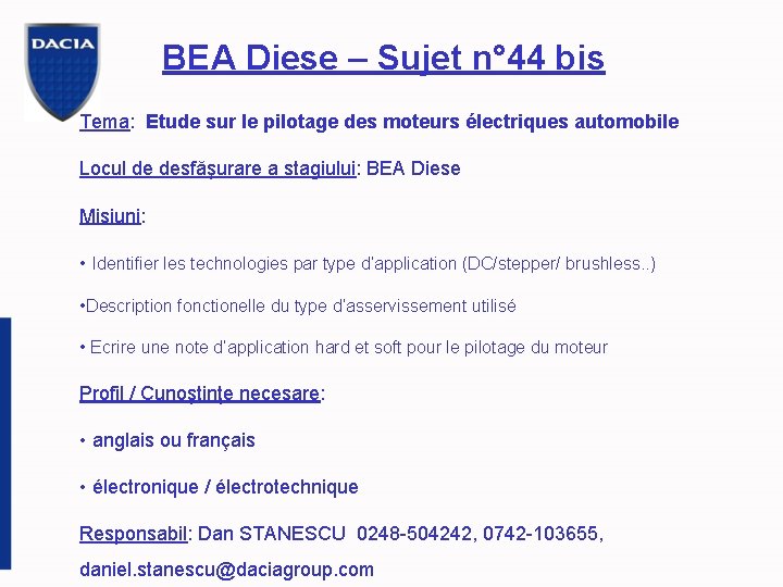 BEA Diese – Sujet n° 44 bis Tema: Etude sur le pilotage des moteurs