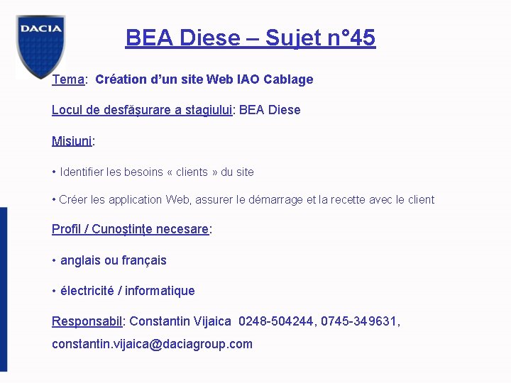 BEA Diese – Sujet n° 45 Tema: Création d’un site Web IAO Cablage Locul