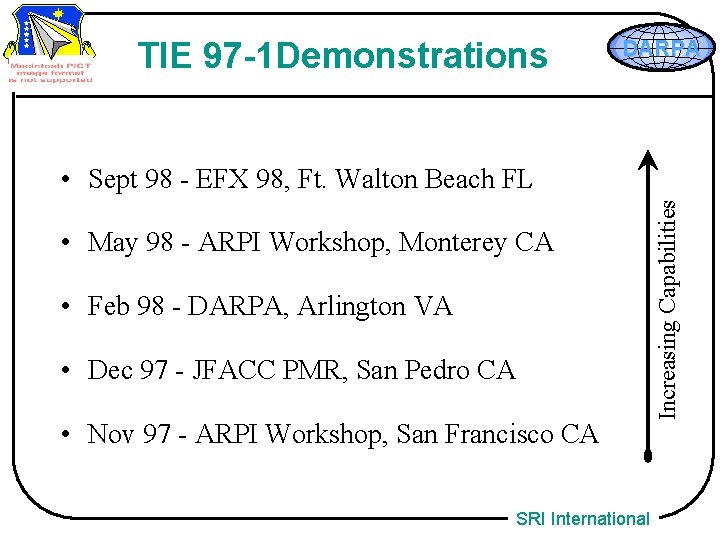 TIE 97 -1 Demonstrations DARPA • May 98 - ARPI Workshop, Monterey CA •