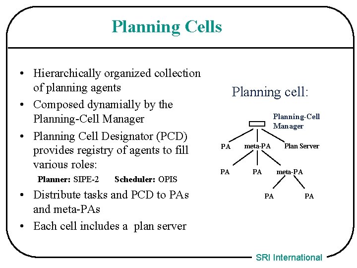 Planning Cells • Hierarchically organized collection of planning agents • Composed dynamially by the