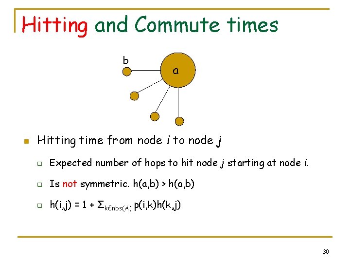 Hitting and Commute times b n a Hitting time from node i to node