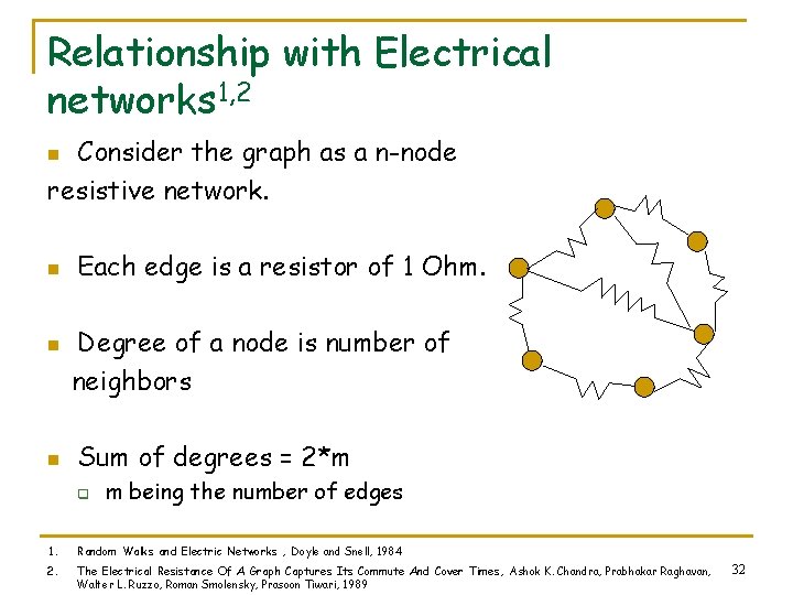 Relationship with Electrical networks 1, 2 Consider the graph as a n-node resistive network.