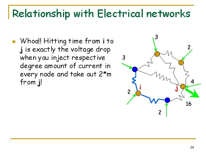 Relationship with Electrical networks n Whoa!! Hitting time from i to j is exactly