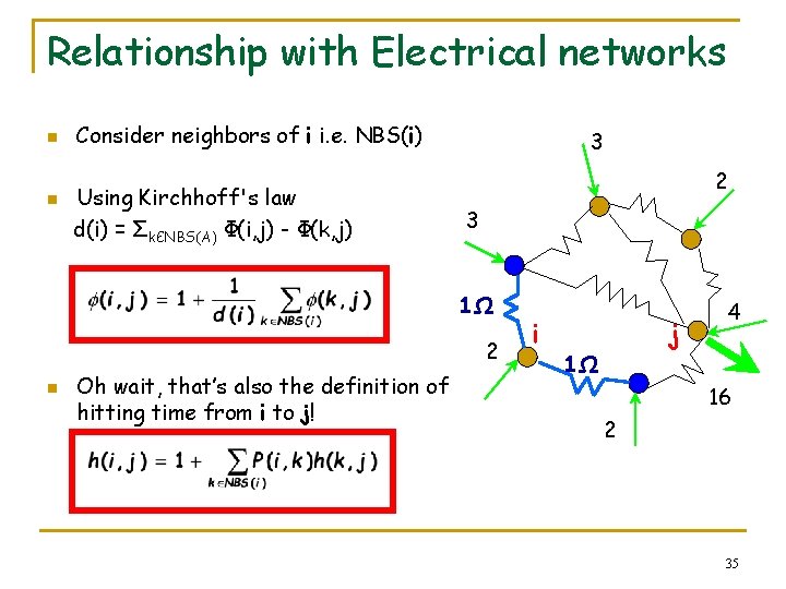 Relationship with Electrical networks n n Consider neighbors of i i. e. NBS(i) Using