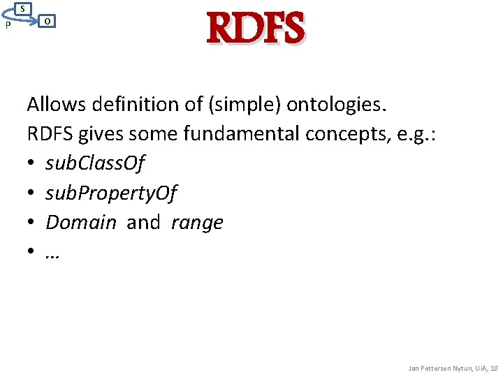 S P O RDFS Allows definition of (simple) ontologies. RDFS gives some fundamental concepts,