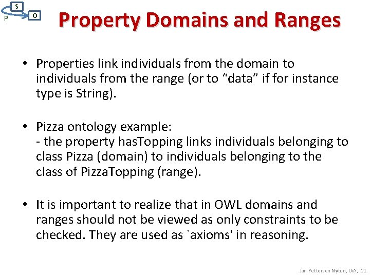 S P O Property Domains and Ranges • Properties link individuals from the domain