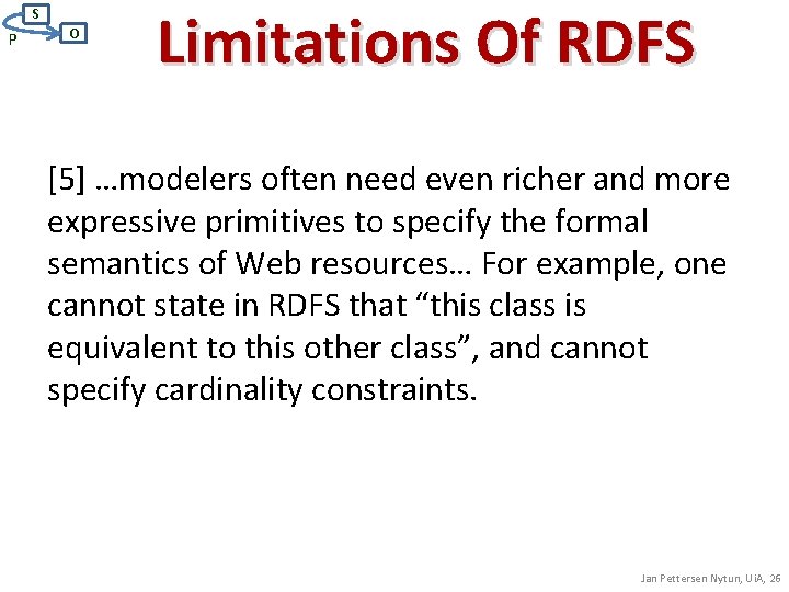 S P O Limitations Of RDFS [5] …modelers often need even richer and more