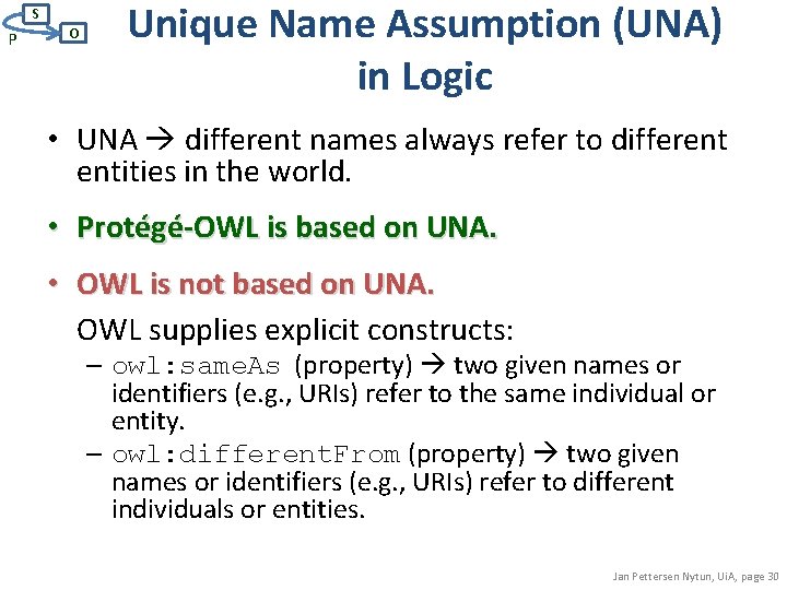 S P O Unique Name Assumption (UNA) in Logic • UNA different names always